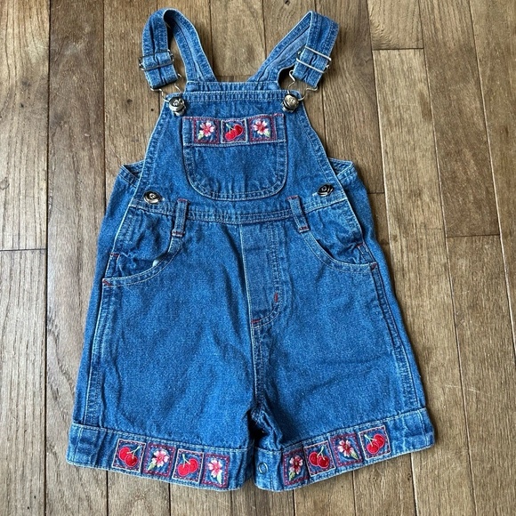 Vtg Denim Overalls Embroidered Cherry Girls 18 Months Blue Floral Playful Sweet - Picture 1 of 6